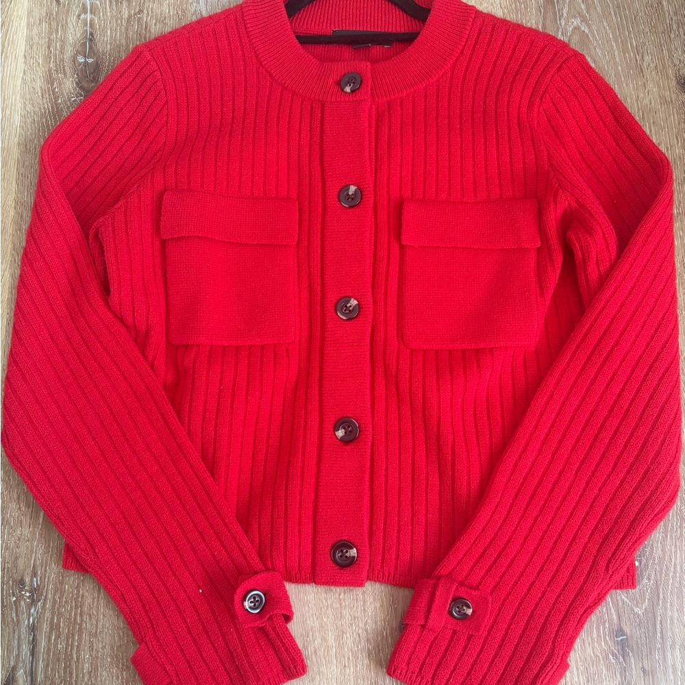 Ann Taylor Ribbed Sweater Jacket Iconic Red Size Medium Fall 2025 Collection